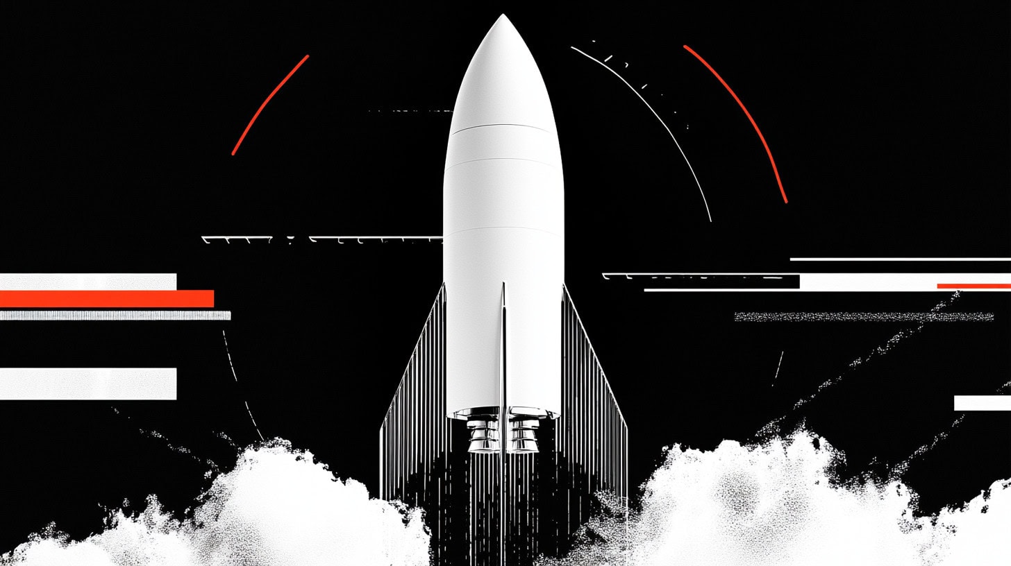 Illustration einer startenden Rakete vor schwarzem Hintergrund, steht für Wachstum und digitale Projekte